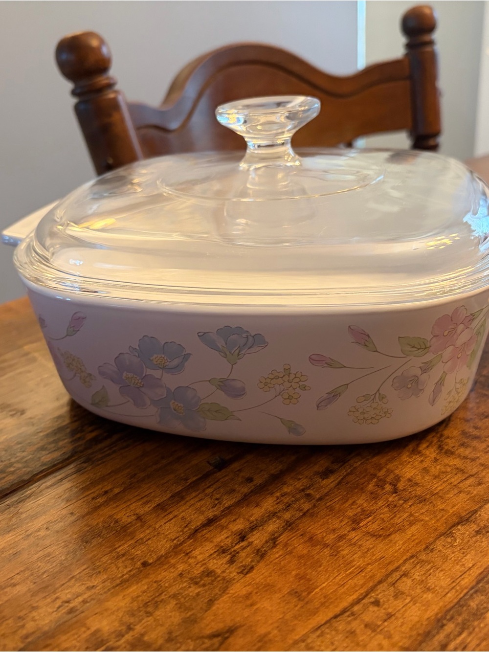 Corningware White Casserole Dish with Pastel Floral Pattern and Glass Lid